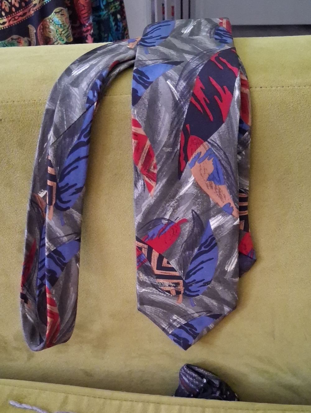 Dior Grey Tie with Blue and Red Abstract Feather Motif